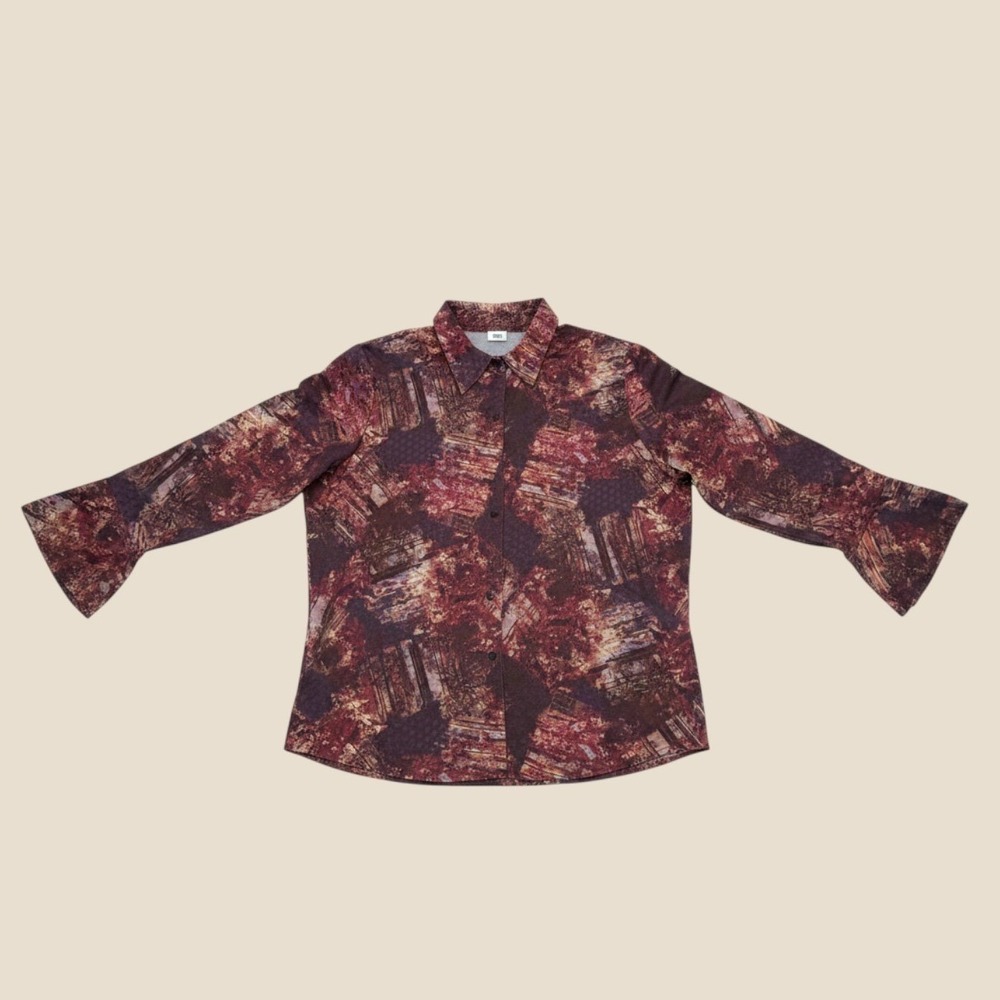 Faded Glory Womens Plus 26W 28W Abstract Print Button Front Blouse Bell Cuffs